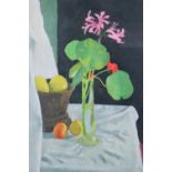 Martin MacKeown (Irish, 1931 - 2003) "Nerine and Nasturtium Leaves", a bold, chiaroscuro botanical
