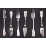 Three George III silver fiddle pattern table forks together with three Edwardian silver fiddle and