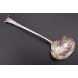 A George III silver Onslow pattern sauce ladle, having a shell form bowl, (assay marks obscured,
