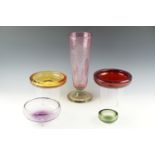A large free blown controlled bubble glass vase together with a similar amethyst bowl and three