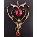 A Belle Epoque 9 ct yellow metal, seed pearl and pink gemstone openwork pendant, 4.5 cm, 3.4 g