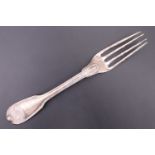 A 19th Century fiddle and thread white metal fork, having a shell terminal and engraved crest,