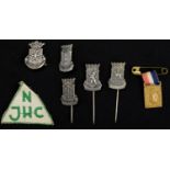 Five Dutch stick / lapel badges, a Queen Wilhelmina patriotic medal, and a cloth badge 'N JHC'