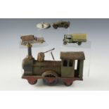 A Minic Toys clockwork tinplate toy Jeep, an early 20th Century US diecast toy military wagon, a