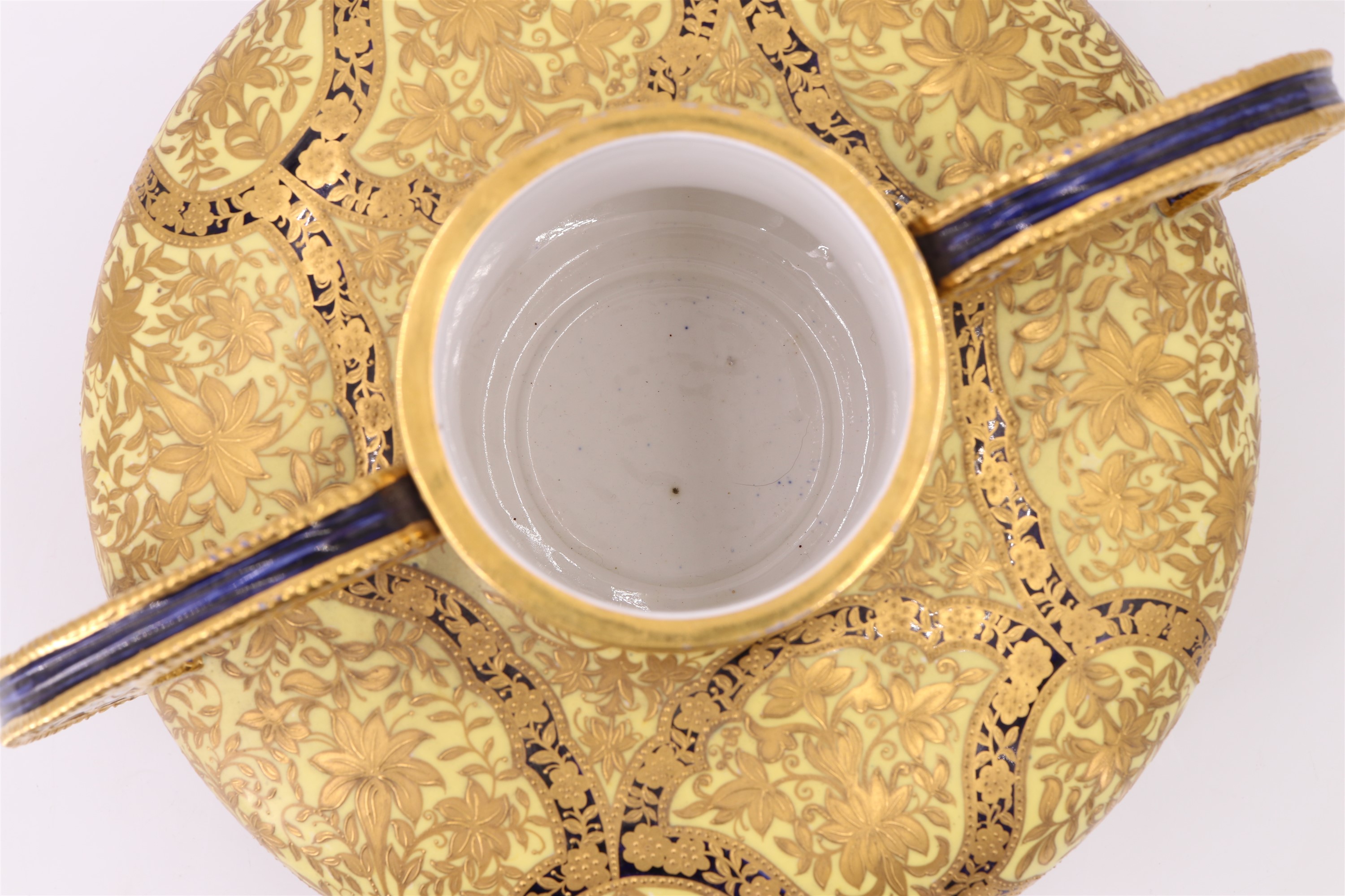 A late Victorian Royal Crown Derby Alhambra vase, of pronounced oblate form with domed cover, - Image 8 of 13
