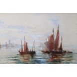 F Sims (incompletely signed) A panoramic depiction of several fishing boats and fisherman at work