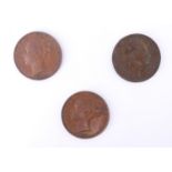 An 1821 William IV farthing together with two 1839 Victoria farthing coins