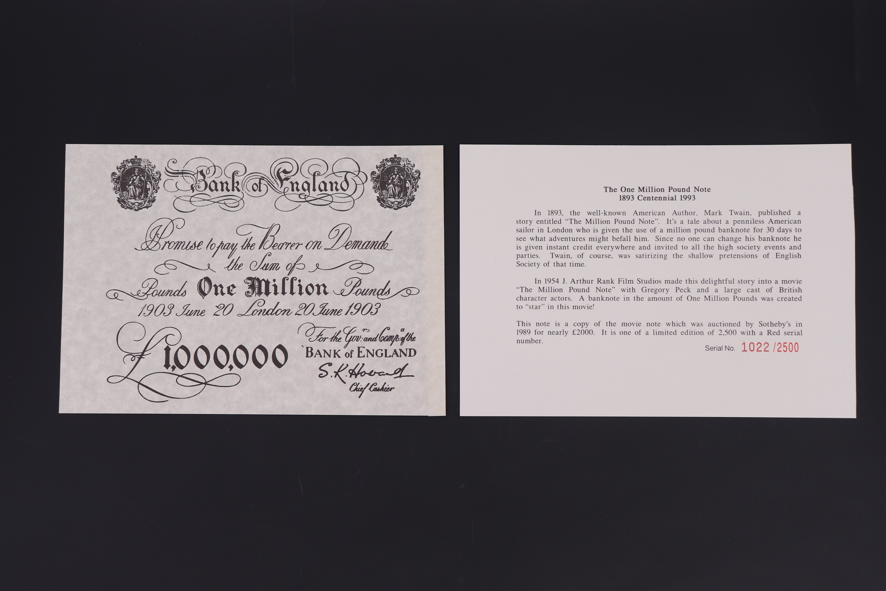The One Million Pound Note limited edition copy, 1022/2500 [Originally from Mark Twain's 1893