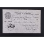 A Bank of England white five pound banknote, 2nd May 1951, P S Beale
