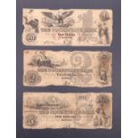 The Cochituate Bank Boston USA, one dollar (1852), two dollar and five dollar banknotes (1849)