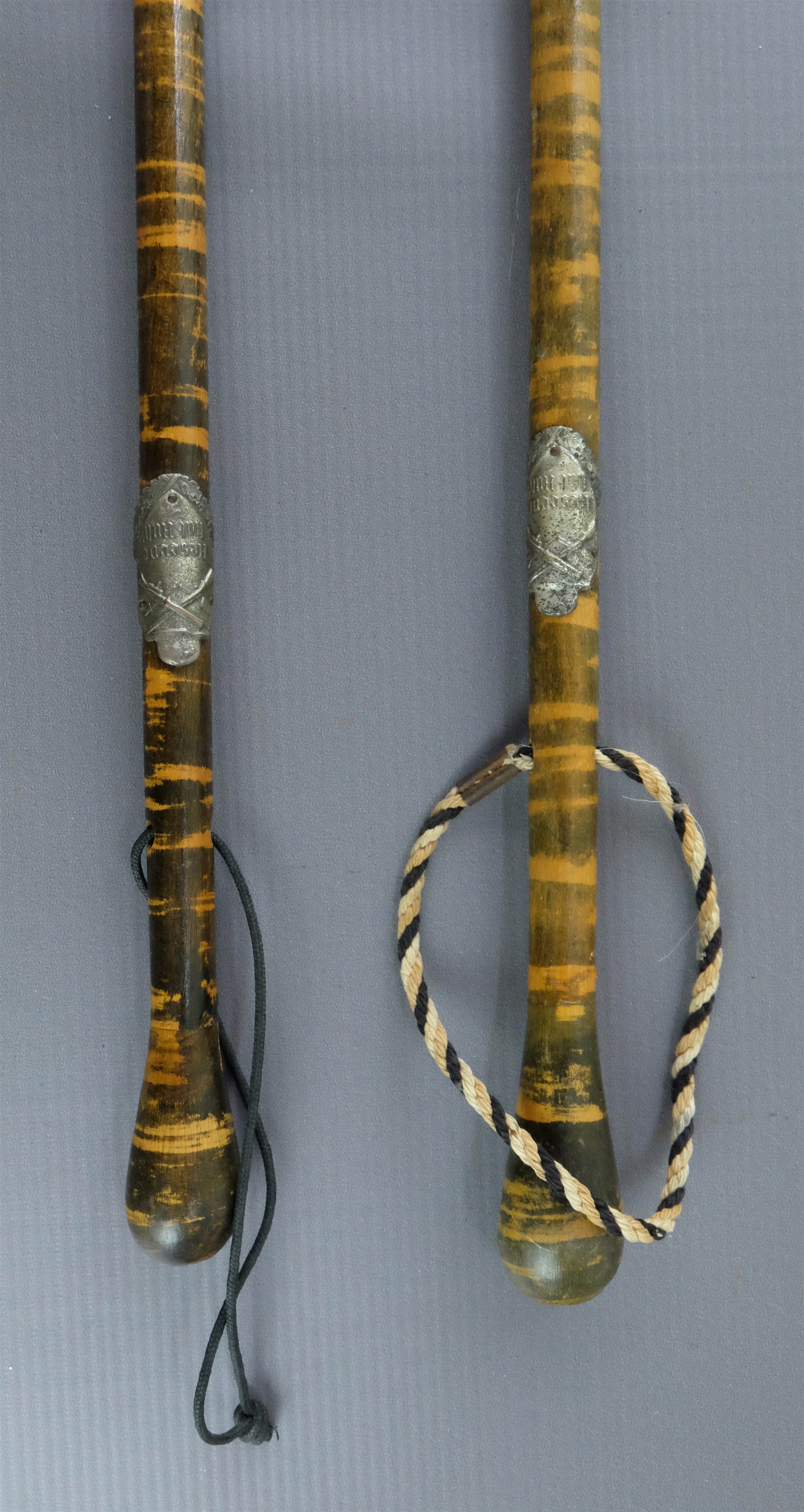 Two inter-War German walking sticks bearing army reservist plaques and one having a lanyard in - Image 2 of 5