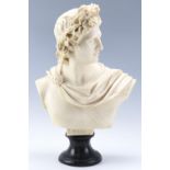 A cast resin bust of Apollo on a black socle base, 56 cm