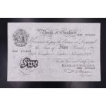 A Bank of England white five pound banknote, 1st November 1949, P S Beale
