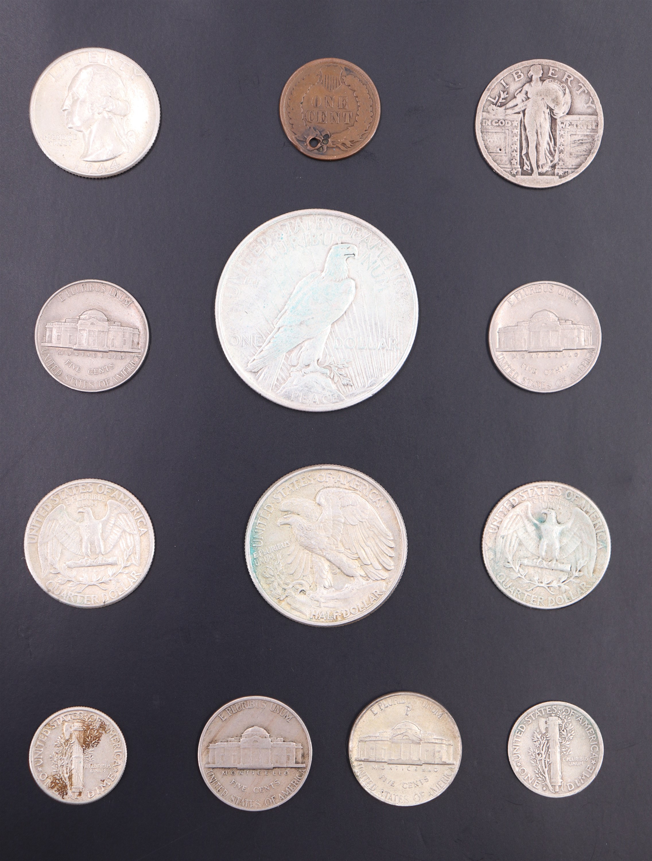 A group of US silver coins, including a 1923 "Peace" dollar, a 1944 "Walking Liberty"half dollar, - Image 2 of 2