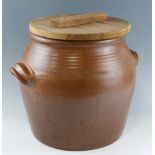 A large Errington Reay salt-glazed stoneware bread or similar wooden-lidded crock, 38 cm