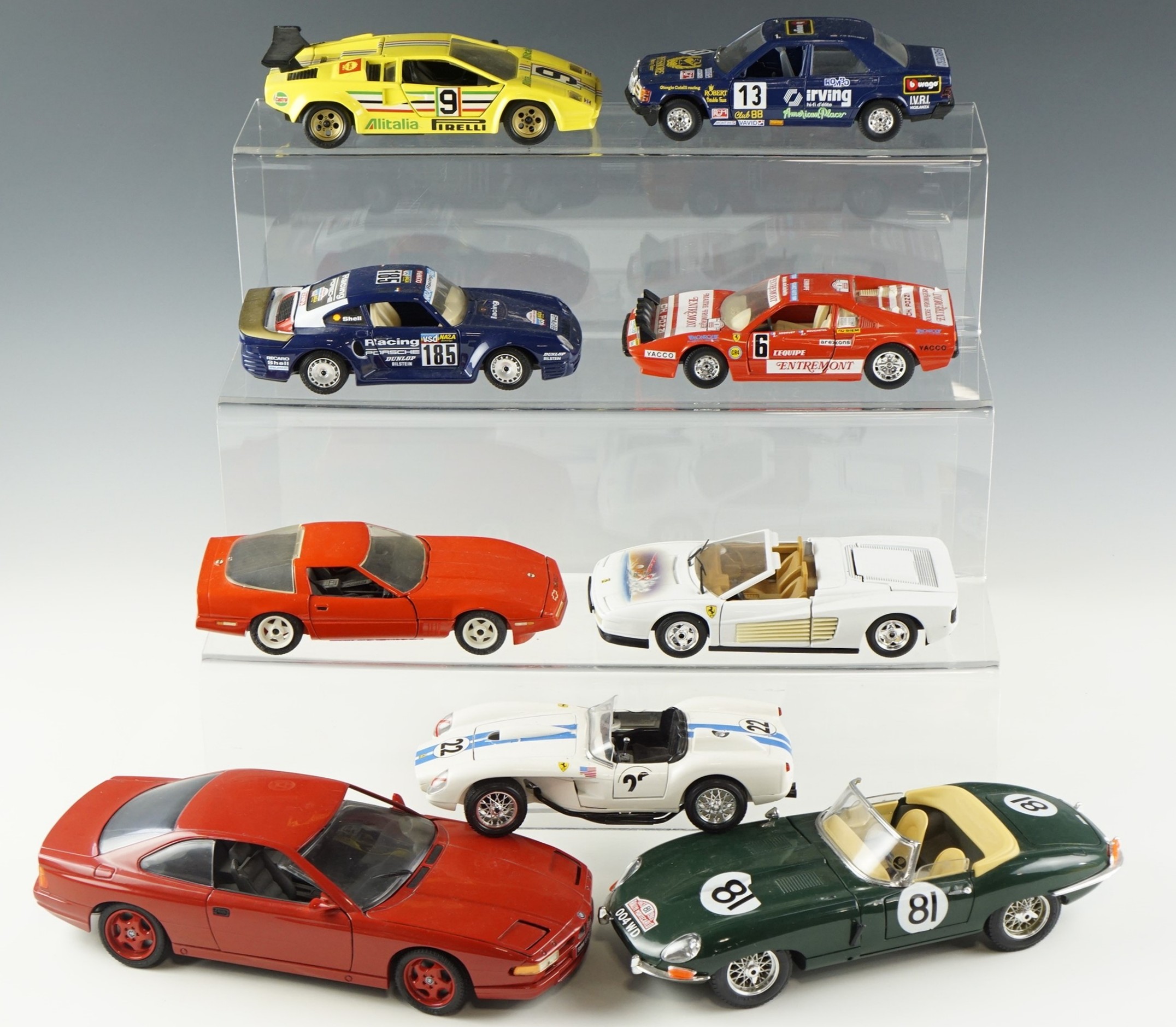 Nine diecast model racing cars etc, including Jaguar E Type 1961, Ferrari 250 Testa Rossa