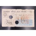 A Victorian Bath Old Bank five pound provincial banknote, 6th July 1847, for Hobhouse, Phillott &