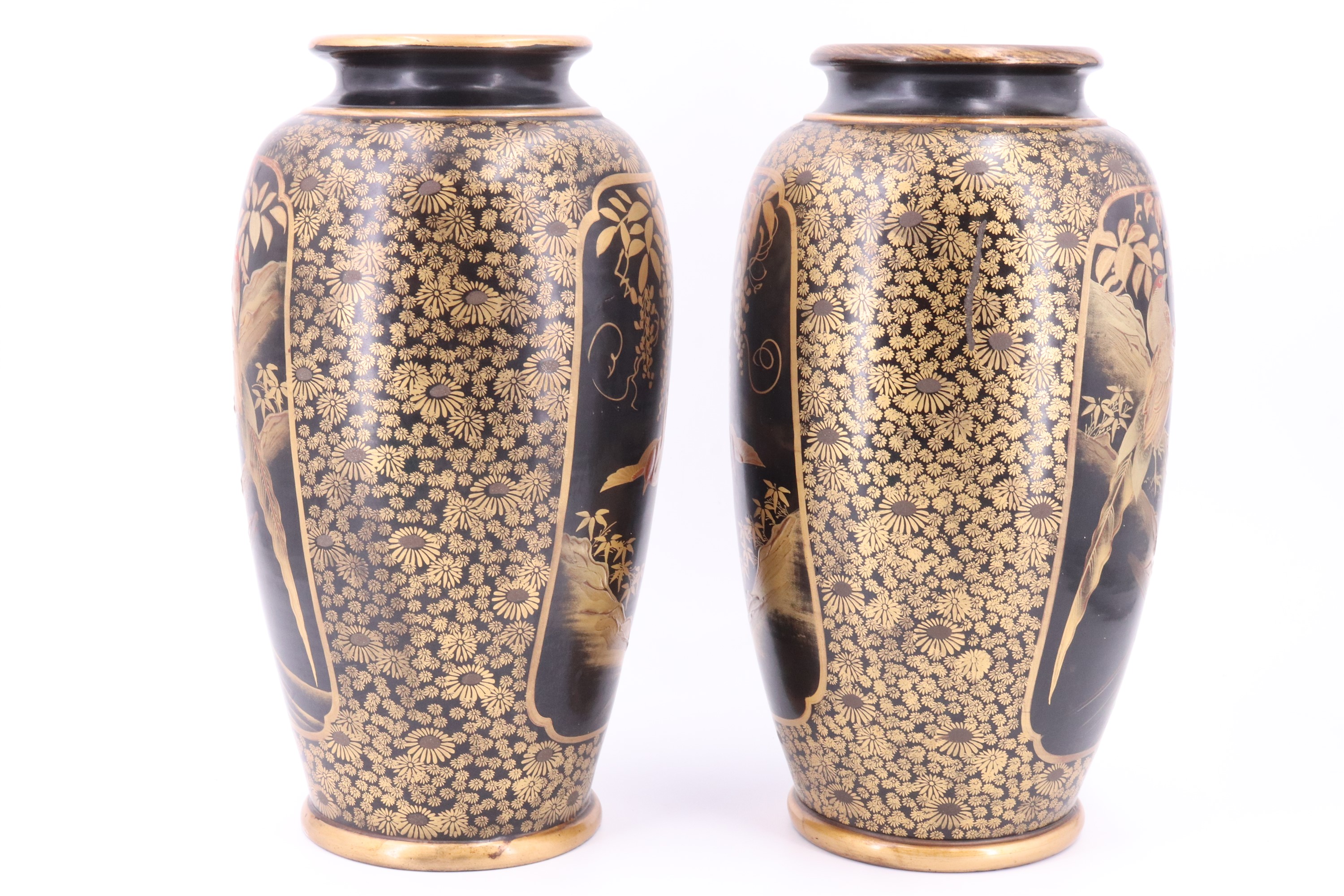 A pair of late Meiji / Taisho Japanese oviform vases, raised-gilt decorated in depiction of birds - Image 2 of 6