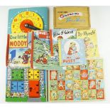 Vintage children's toys, including a Kiddicraft "Jigsaw Clock", a "Victory Alphabet Play Tray",