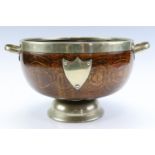 A 1920s turned oak bowl with electroplate mounts, 31 cm x 17 cm