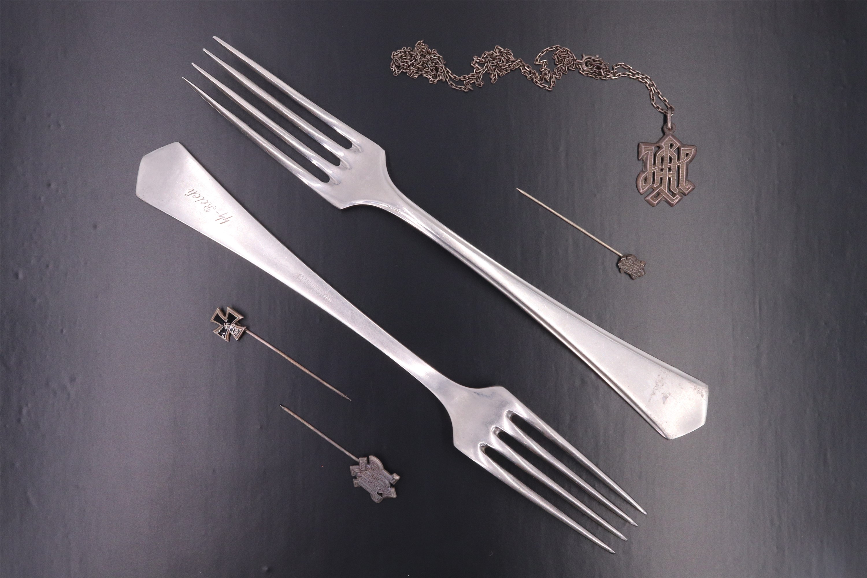 German Third Reich SS mess cutlery together with reproduction Leibstandarte Adolf Hitler pins etc