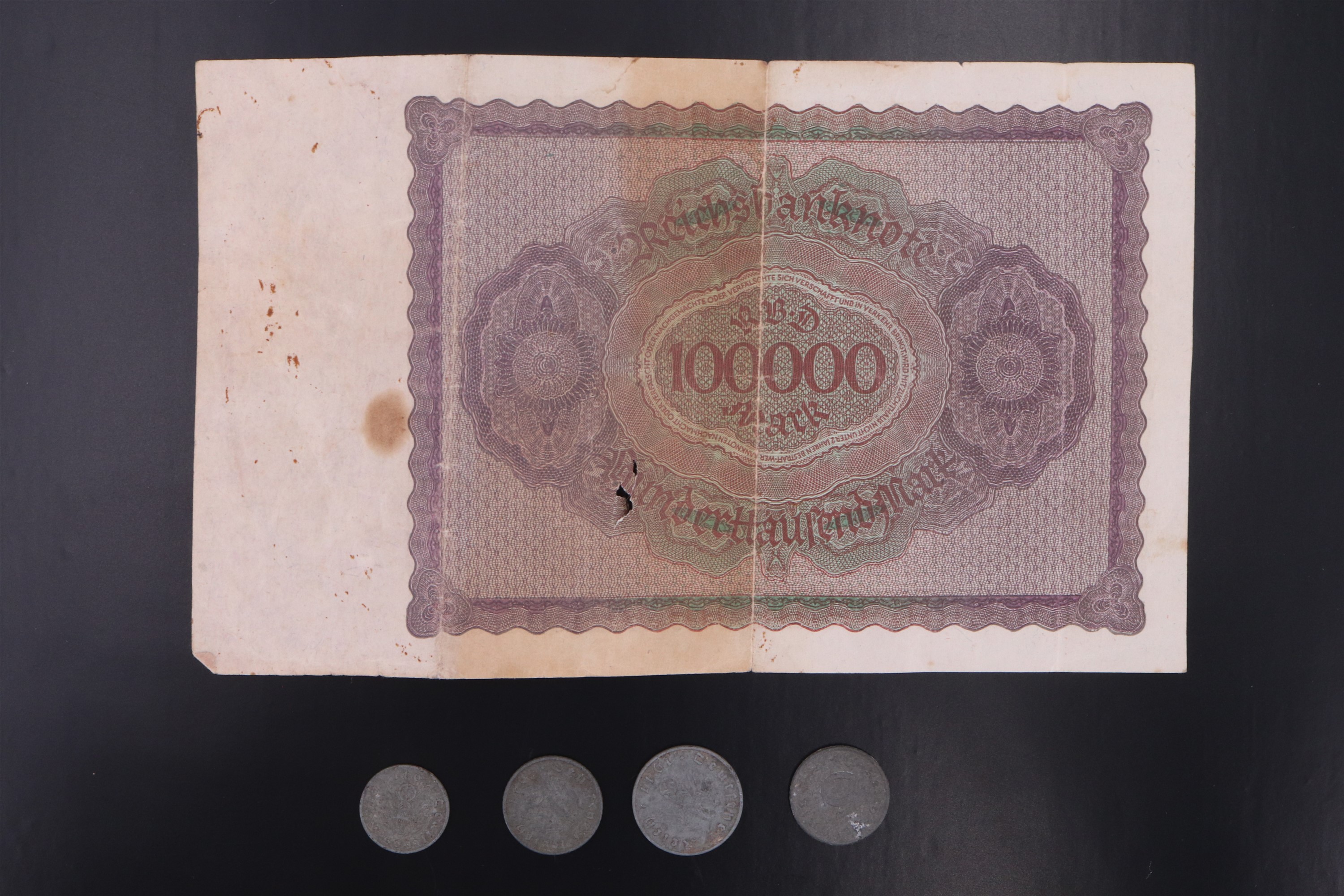 A Weimar German hyper-inflation banknote together with four German Third Reich coins - Image 2 of 2