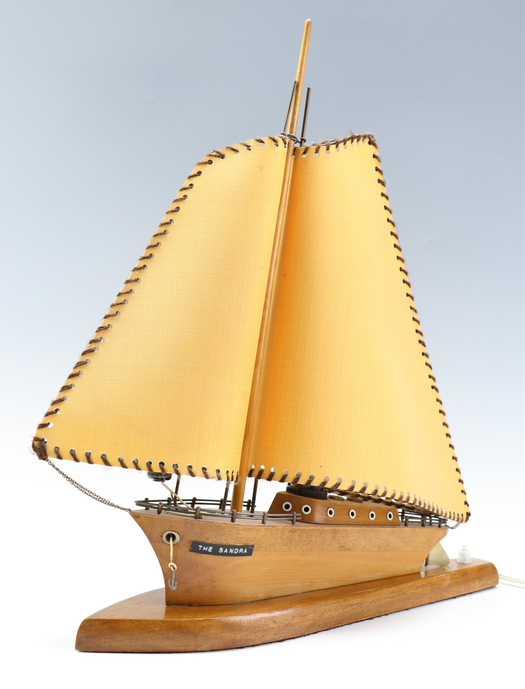 A vintage wooden table lamp in the form of a sailing boat / yacht, 49 cm