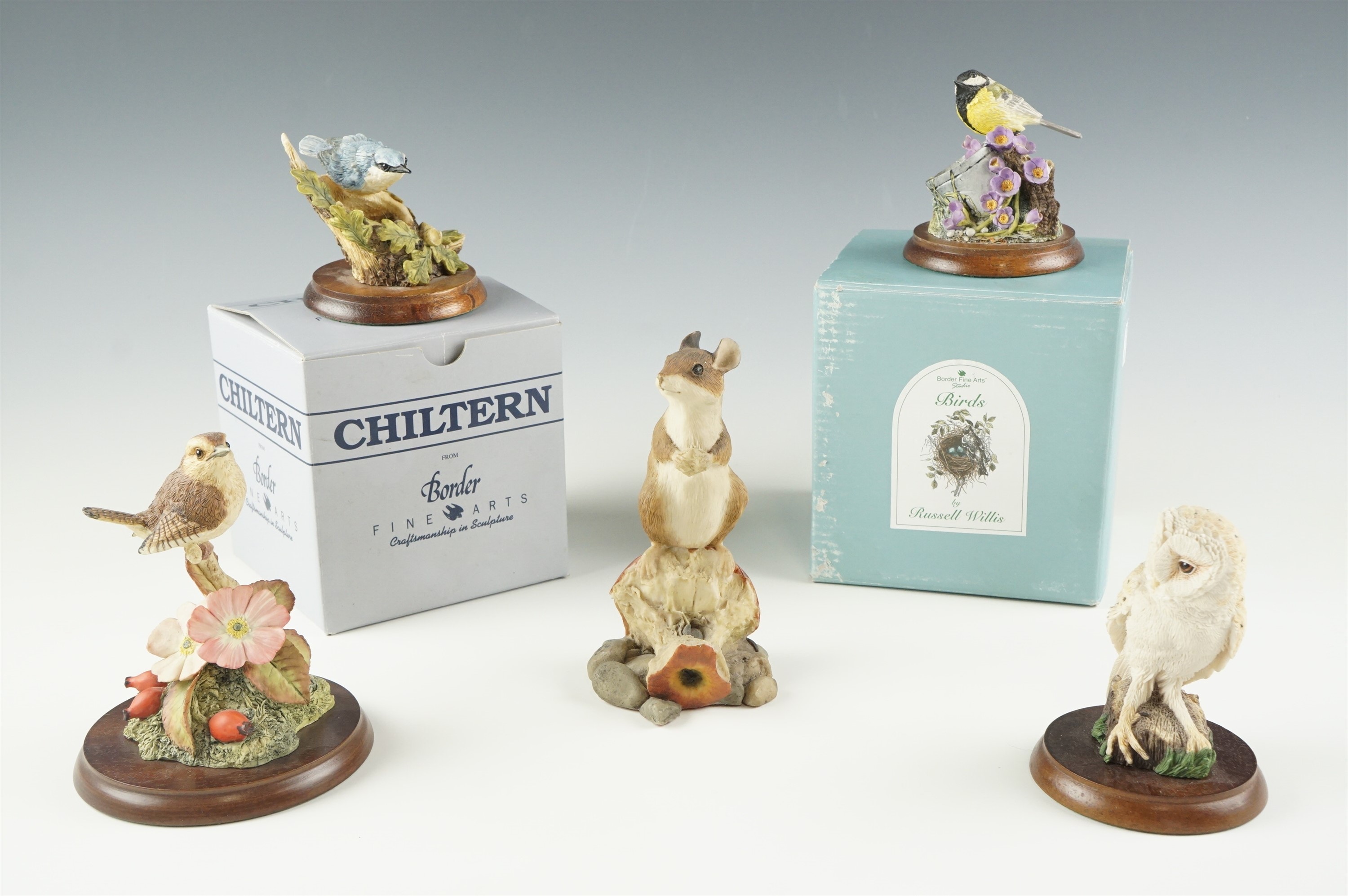 Five Border Fine Arts figurines including mouse on apple core, barn owl etc