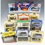 A large group of boxed diecast cars and other vehicles, including a Corgi "Volvo Car Transporter", a