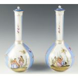 A pair of late 19th Century Dresden covered bottle vases, each having two hand painted romantic
