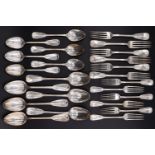A set of Tiffany & Co "Pat 1871" thread and fiddle pattern white metal flatware with shell