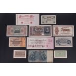 A group of German Third Reich Reichsmark banknotes