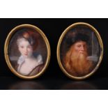 A pair of Grand Tour portrait miniatures, one of Leonardo da Vinci, the other of a woman with a