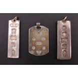 Three silver ingot pendants, comprising two commemorating 1977 silver jubilee, assayed London and