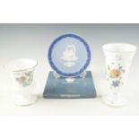 Two Wedgwood vases together with a boxed blue jasperware "Valentine's Day Plate 1900", tallest 17.