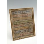 A Victorian alphabet and number sampler, being the work of Catherine J Bell, aged 12, 1881, framed