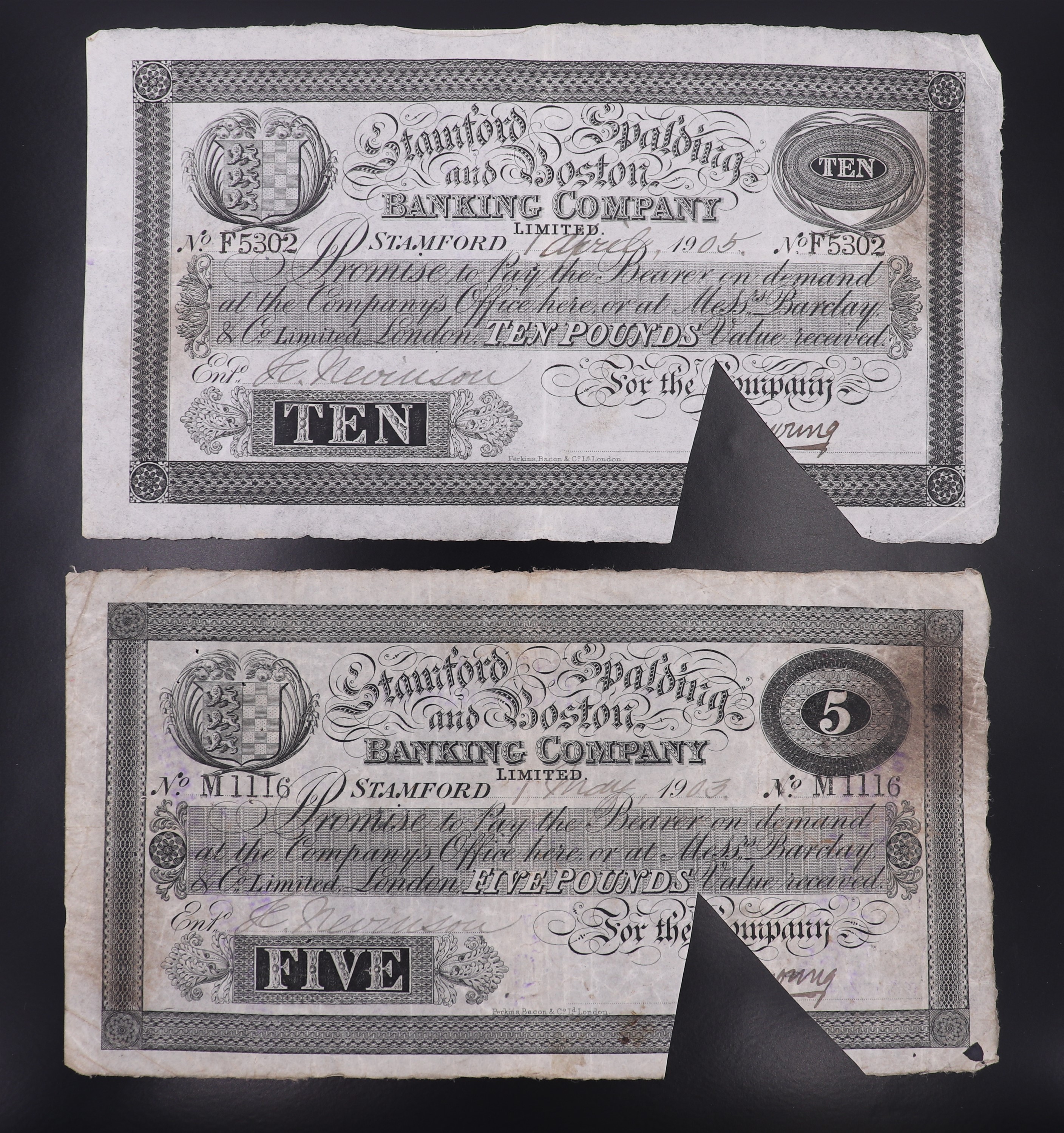 A Stamford Spalding and Boston Banking Company Ltd ten pound provincial banknote together with