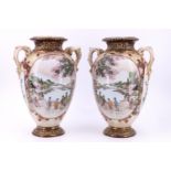 A pair of early to mid 20th Century Noritake two handled vases, of shouldered ovoid form with