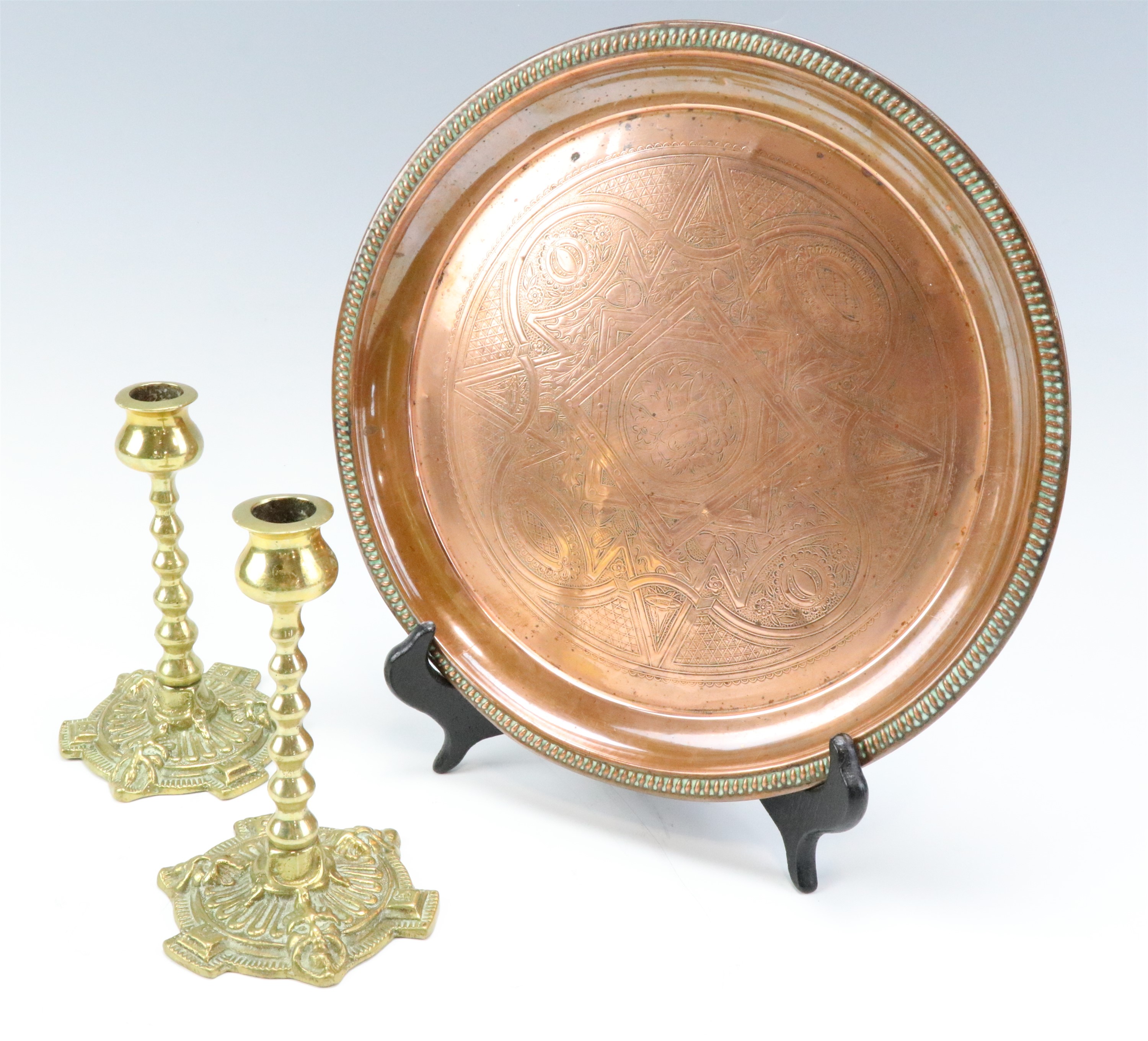An early 20th Century copper tray, bearing engraved acorn and floral decoration, by Joseph Sankey
