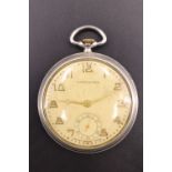 A Satisfaction Art Deco nickel pocket watch, having a 15-jewel movement, gilt hands, Arabic numerals
