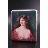 A late 19th / early 20th Century enamelled white metal cigarette case, the front decorated with a