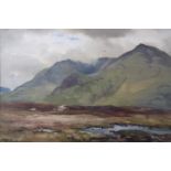 [ Mid 20th Century, British ] A view of wetlands before towering mountains, watercolour, signed,