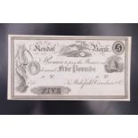 A Kendal Bank five pound provincial banknote for Wakefield, Crewdson & Co.