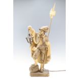 A carved wood figural German table lamp in the form of a night watchman, 77 cm