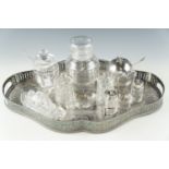 Glass cruet sets, preserve jars and an electroplate tray, 45 cm x 29 cm