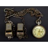 Two vintage LMS railway guards' whistles and chains, together with a pocket watch and double watch