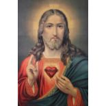 A pair of Christian religious lithographic prints depicting Jesus and Mary with Sacred and