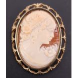 A 9 ct gold mounted shell cameo brooch, circa 1970s, (assay marks indistinct), 35 mm x 27 mm, 7.9 g