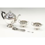 An Oneida three-piece electroplate tea set together with a white metal mustard spoon, latter