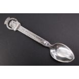 An Norwegian Art Deco white metal souvenir spoon for Bergen by Brødrene Lohne, having pierced and